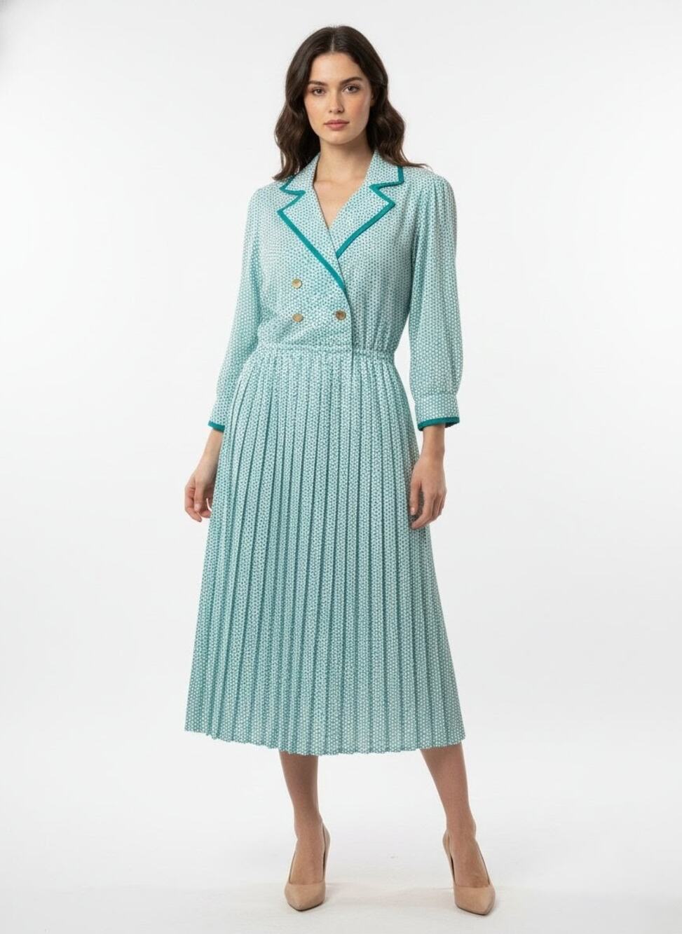 VTG Schrader Sport Teal Abstract "Scribble" Pleated Midi Dress - Made in USA - 6